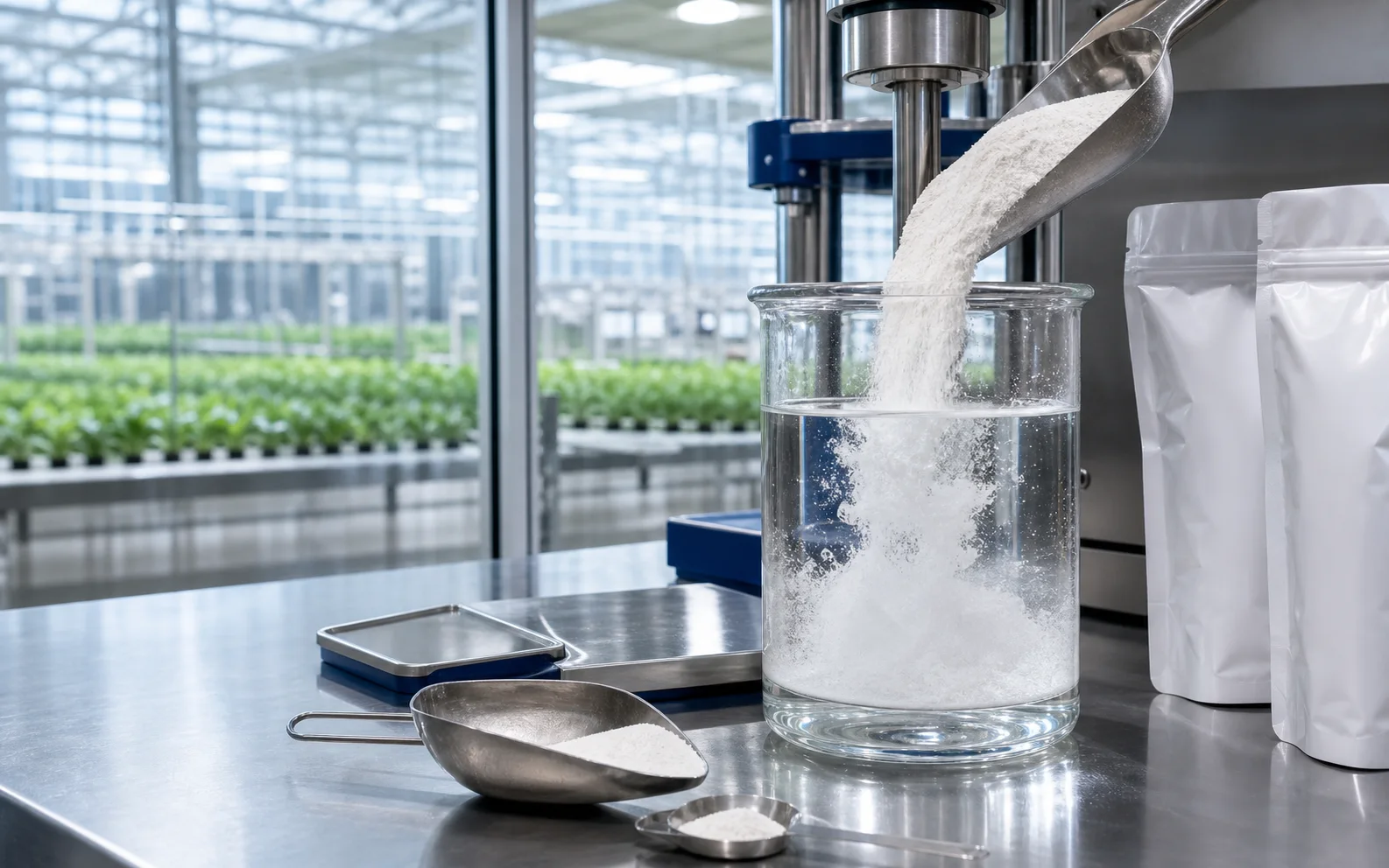 Soluble nutrient powder being added to clean water